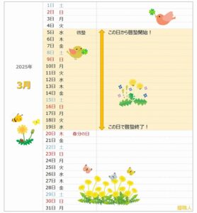 2025年の啓蟄が一目でわかるカレンダー