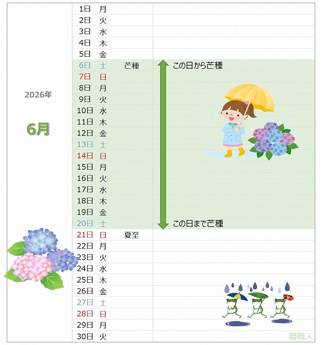 芒種が一目でわかる2026年カレンダー