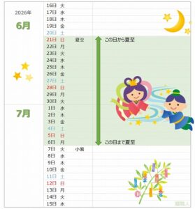 2026年の夏至が一目でわかるカレンダー